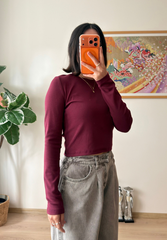 Bisiklet yaka basic Bluz Bordo
