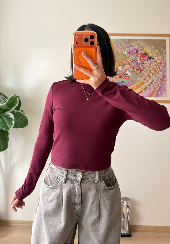 Bisiklet yaka basic Bluz Bordo
