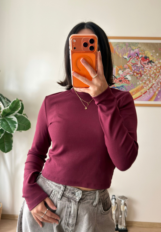 Bisiklet yaka basic Bluz Bordo