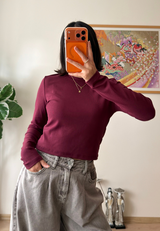 Bisiklet yaka basic Bluz Bordo