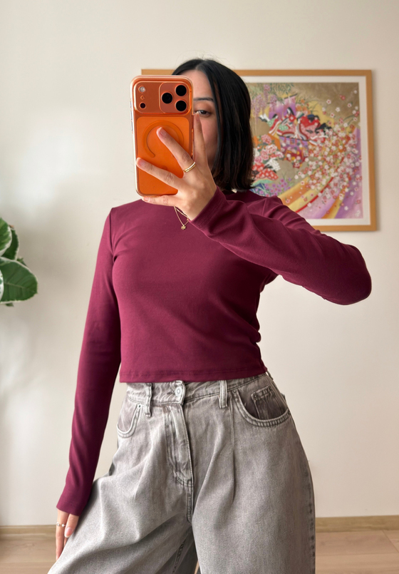 Bisiklet yaka basic Bluz Bordo