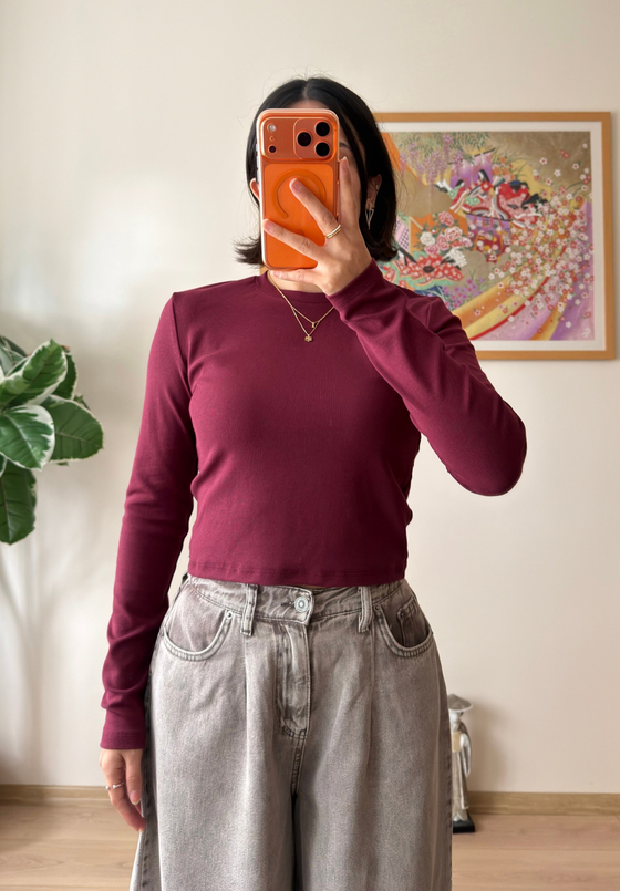 Bisiklet yaka basic Bluz Bordo