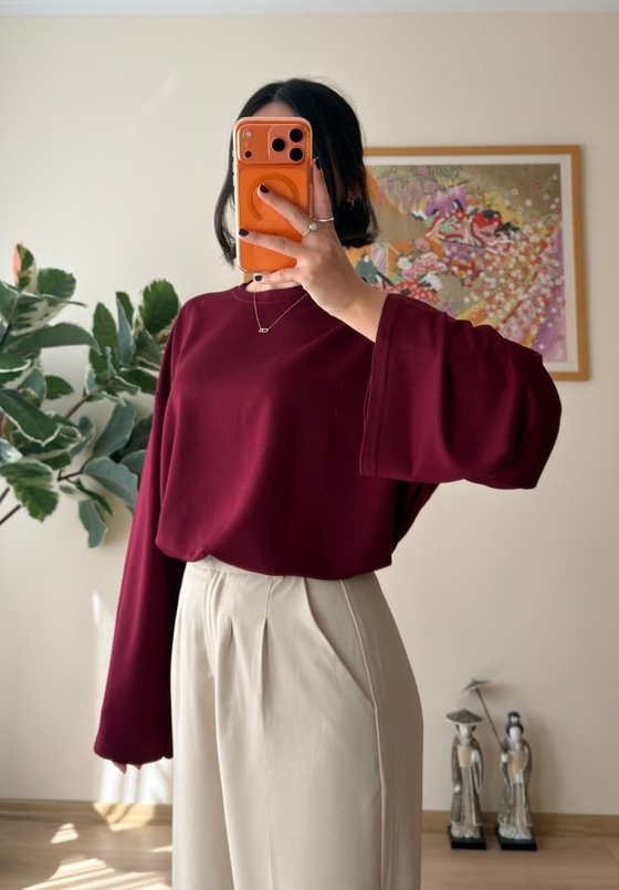 Bisiklet Yaka Bol Kesim Bluz Bordo