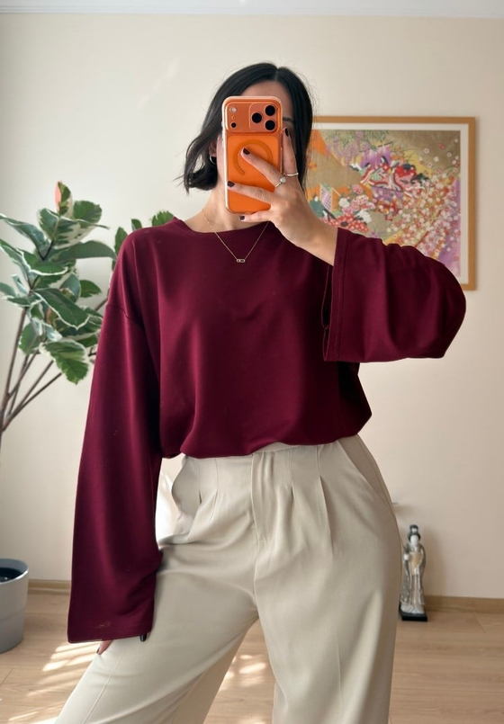 Bisiklet Yaka Bol Kesim Bluz Bordo