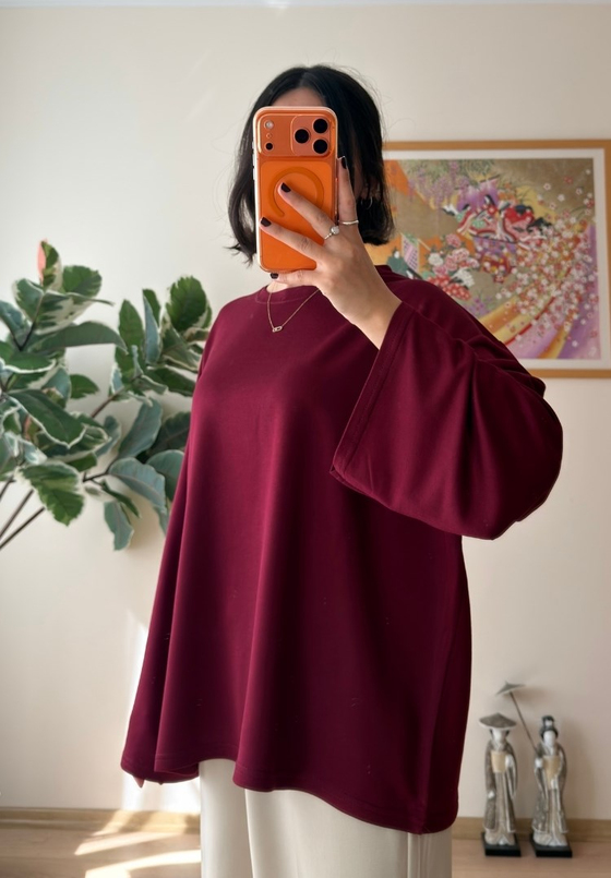 Bisiklet Yaka Bol Kesim Bluz Bordo