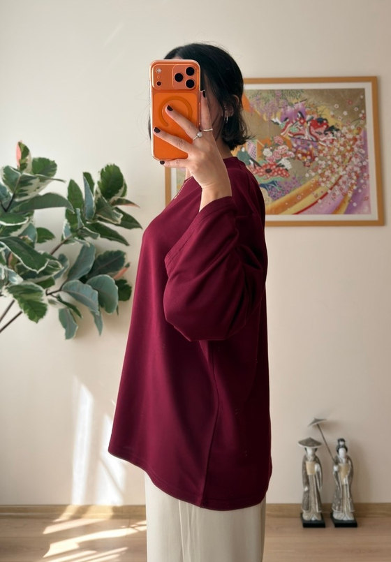 Bisiklet Yaka Bol Kesim Bluz Bordo