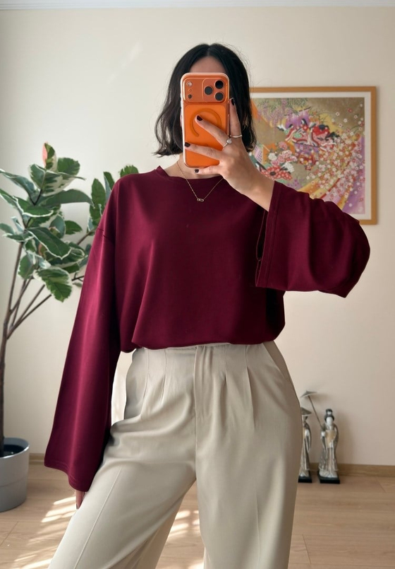 Bisiklet Yaka Bol Kesim Bluz Bordo