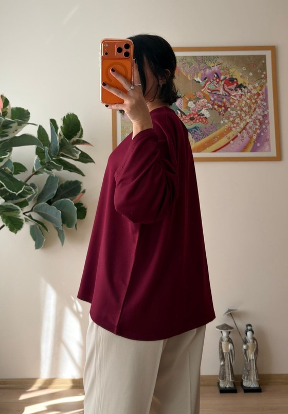 Bisiklet Yaka Bol Kesim Bluz Bordo