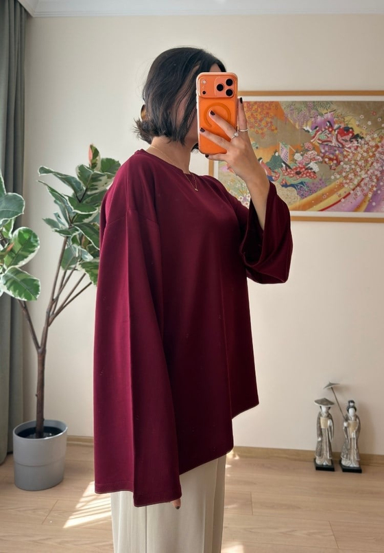 Bisiklet Yaka Bol Kesim Bluz Bordo