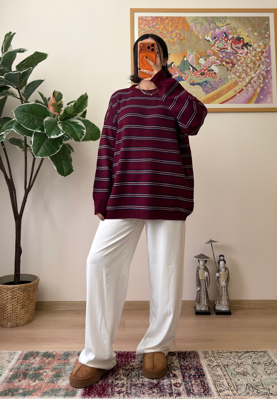 Bisiklet Yaka Çizgili Oversize Triko Kazak Bordo