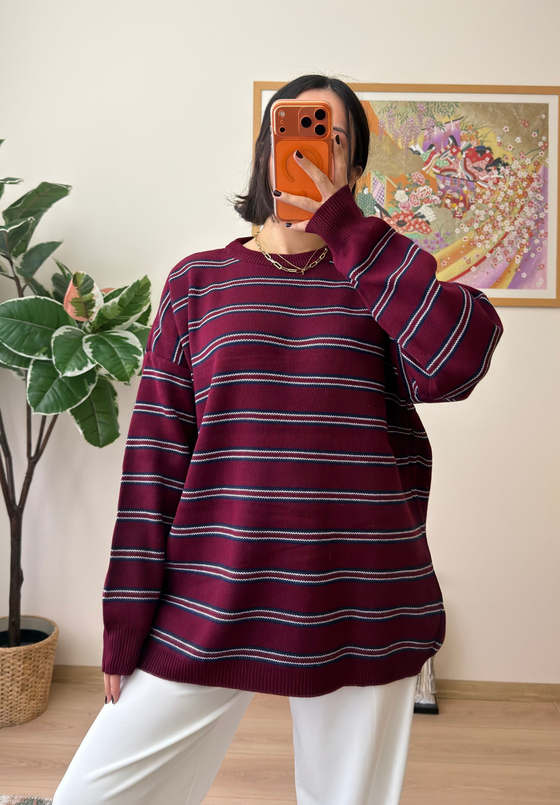 Bisiklet Yaka Çizgili Oversize Triko Kazak Bordo