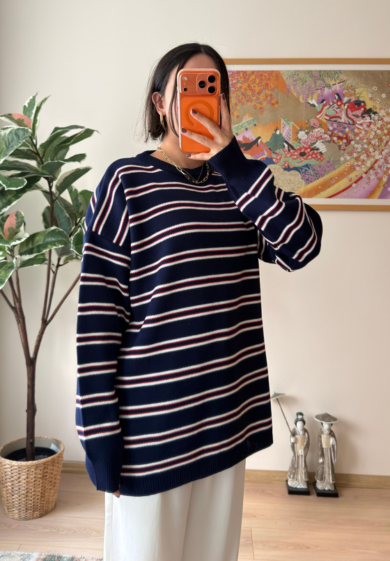 Bisiklet Yaka Çizgili Oversize Triko Kazak Lacivert
