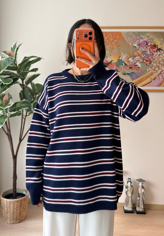 Bisiklet Yaka Çizgili Oversize Triko Kazak Lacivert
