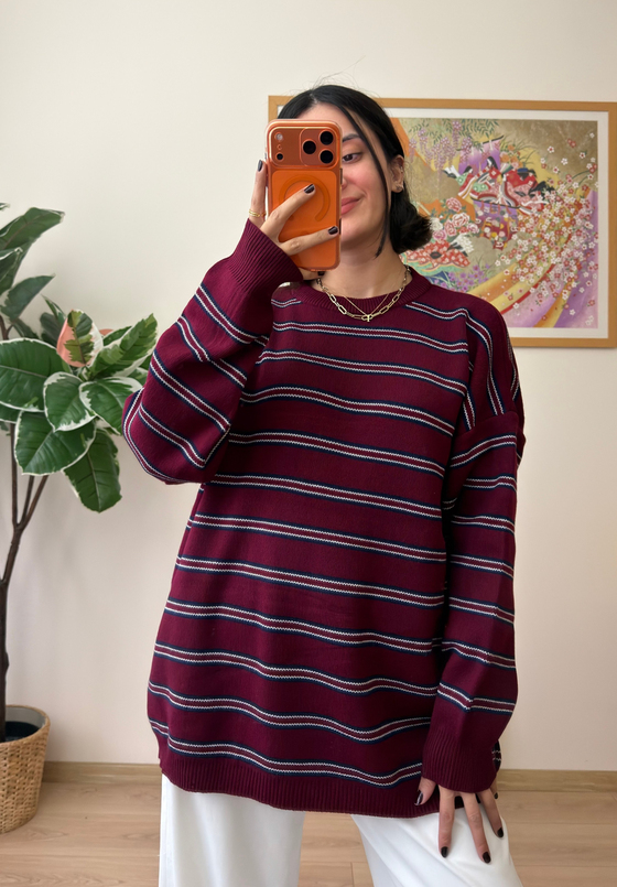 Bisiklet Yaka Çizgili Oversize Triko Kazak Bordo