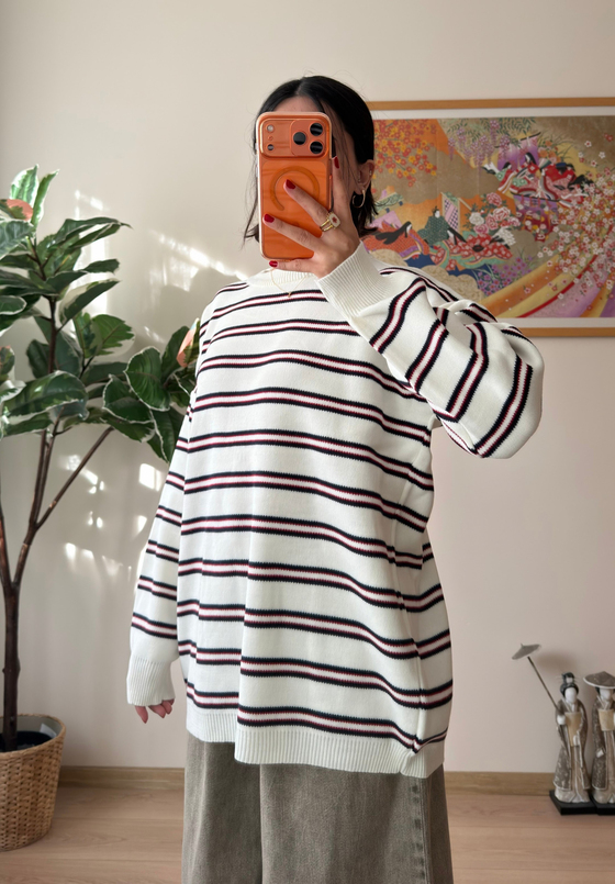 Bisiklet Yaka Çizgili Oversize Triko Kazak Ekru