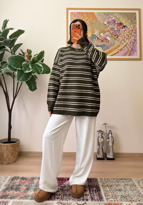 Bisiklet Yaka Çizgili Oversize Triko Kazak Haki
