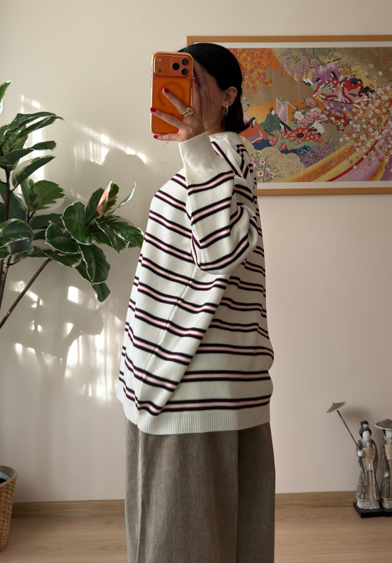 Bisiklet Yaka Çizgili Oversize Triko Kazak Ekru