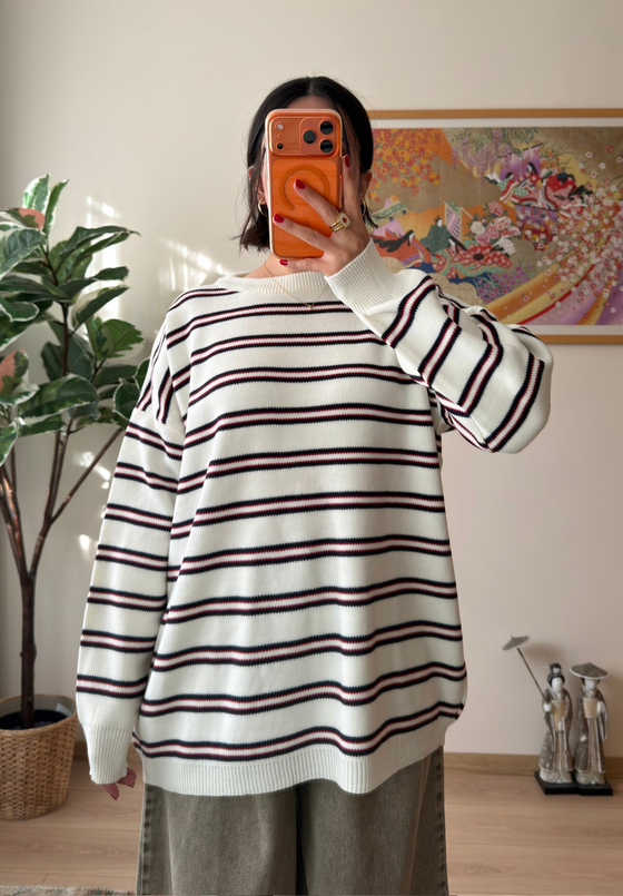 Bisiklet Yaka Çizgili Oversize Triko Kazak Ekru
