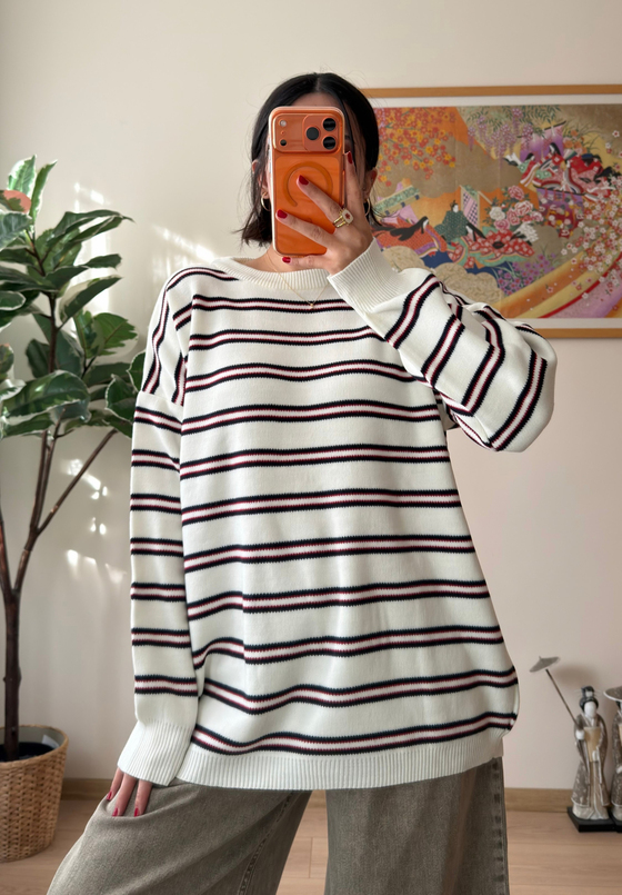 Bisiklet Yaka Çizgili Oversize Triko Kazak Ekru