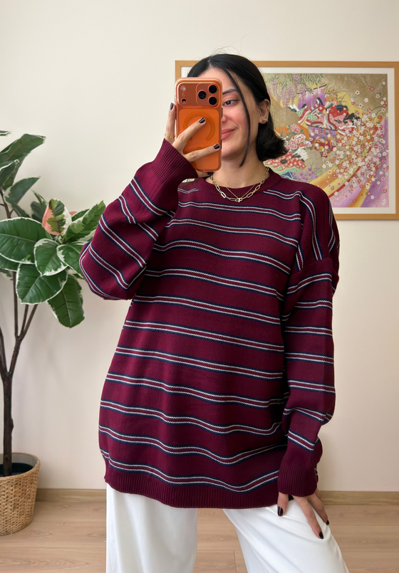 Bisiklet Yaka Çizgili Oversize Triko Kazak Bordo