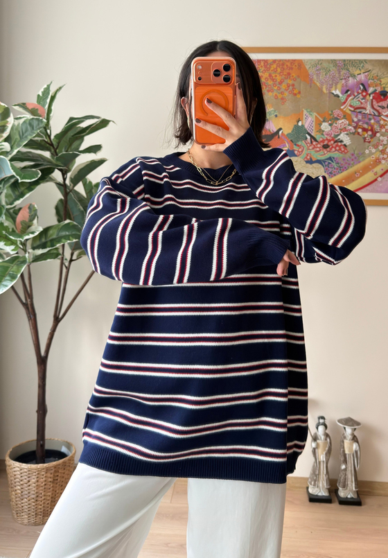 Bisiklet Yaka Çizgili Oversize Triko Kazak Lacivert
