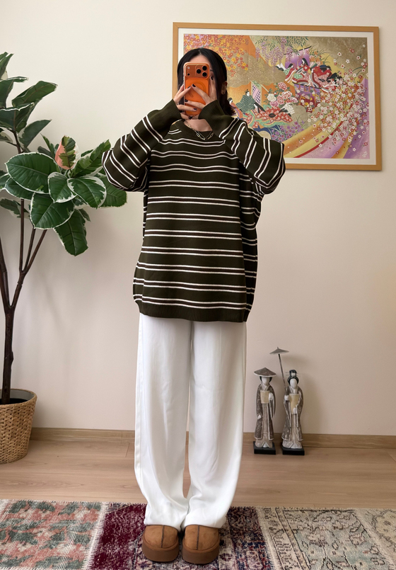Bisiklet Yaka Çizgili Oversize Triko Kazak Haki
