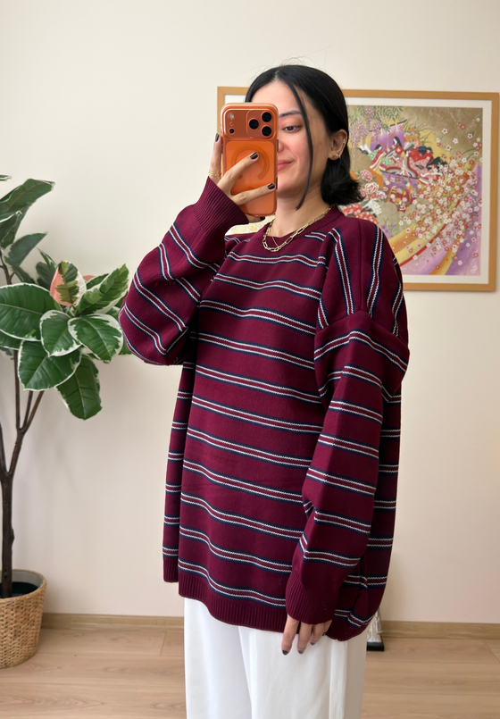 Bisiklet Yaka Çizgili Oversize Triko Kazak Bordo