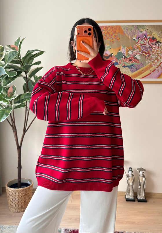 Bisiklet Yaka Çizgili Oversize Triko Kazak Kırmızı