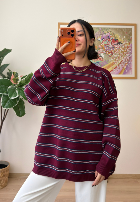 Bisiklet Yaka Çizgili Oversize Triko Kazak Bordo