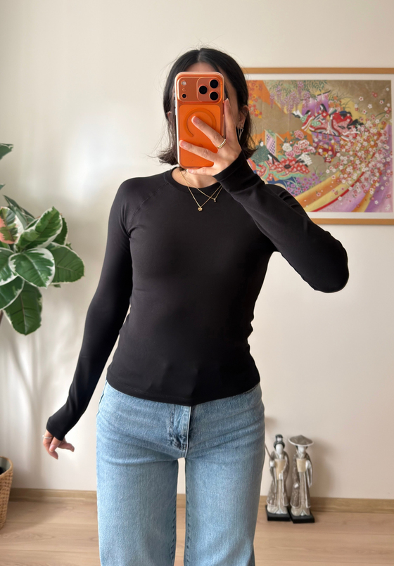 Bisiklet Yaka Reglan Bluz Siyah