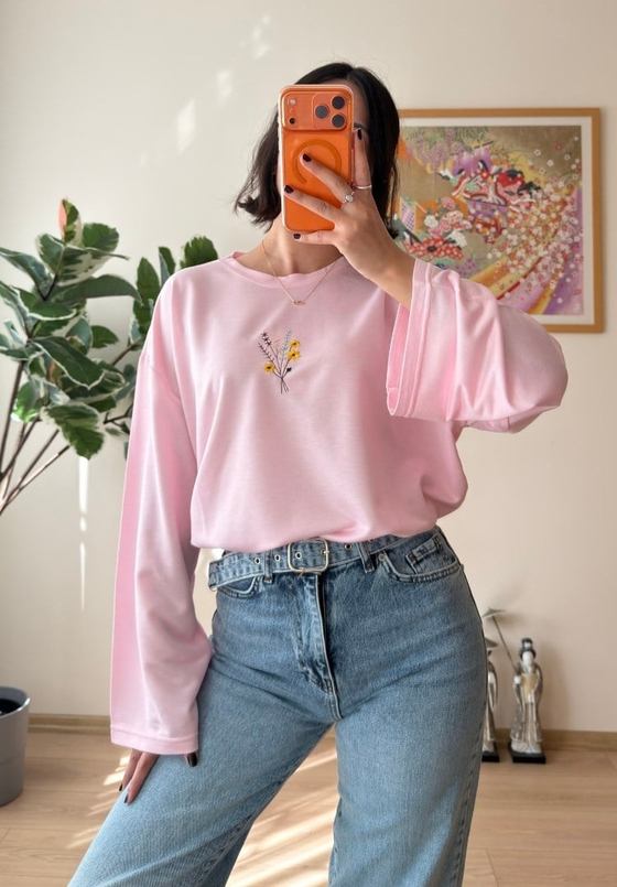 Çiçek Nakışlı İspanyol Kol Bluz Pembe