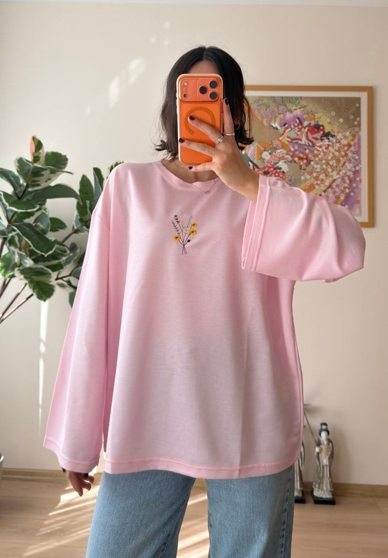 Çiçek Nakışlı İspanyol Kol Bluz Pembe