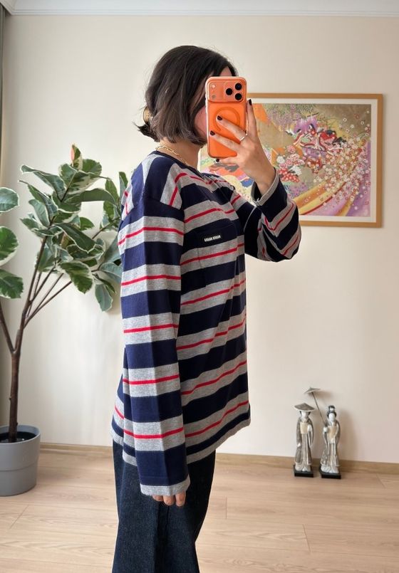 Çizgili Bisiklet Yaka Oversize Triko Kazak Lacivert