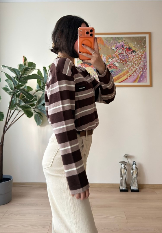 Çizgili Bisiklet Yaka Oversize Triko Kazak Kahve