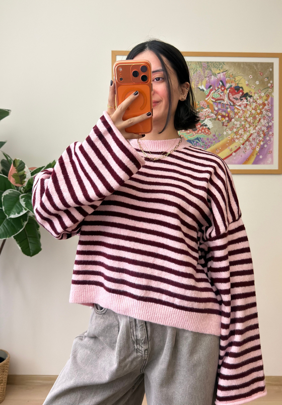 Çizgili Geniş Kol Oversize Kısa Kazak Pembe-Bordo
