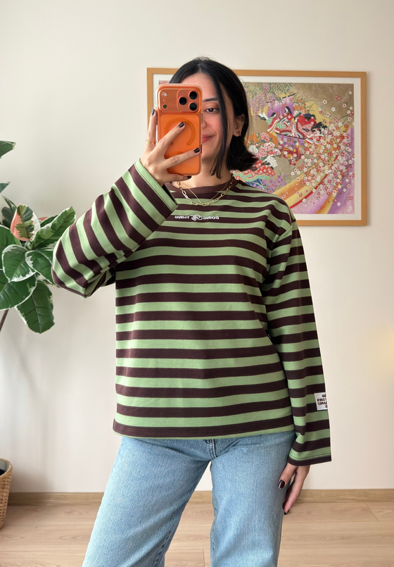 Çizgili Kol Etiketli Bisiklet Yaka Sweatshirt Yeşil