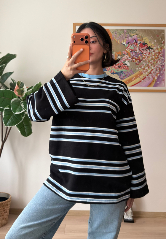 Çizgili Kontrast Bisiklet Yaka Oversize Sweatshirt Lacivert