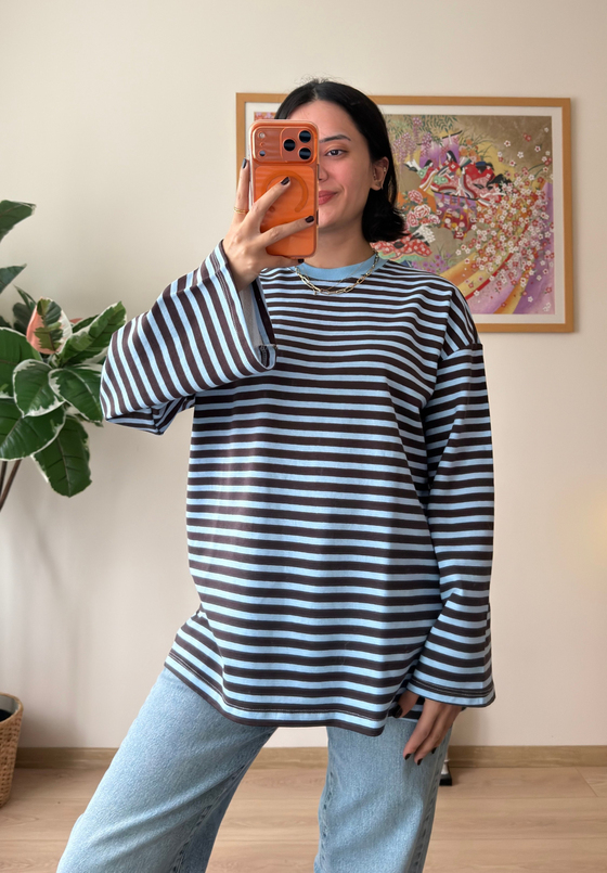 Çizgili Kontrast Bisiklet Yaka Oversize Sweatshirt Mavi