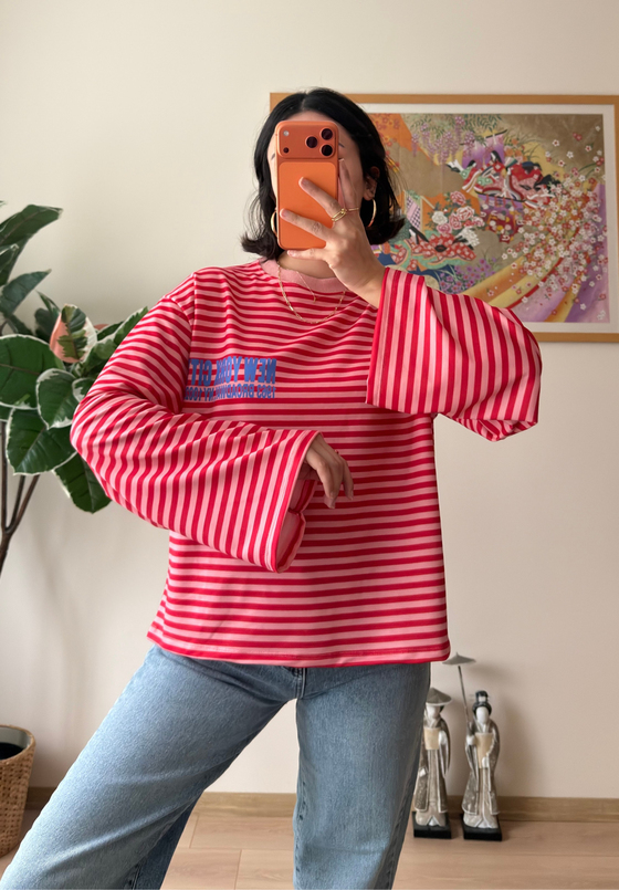 Çizgili NY Baskılı Oversize Sweatshirt