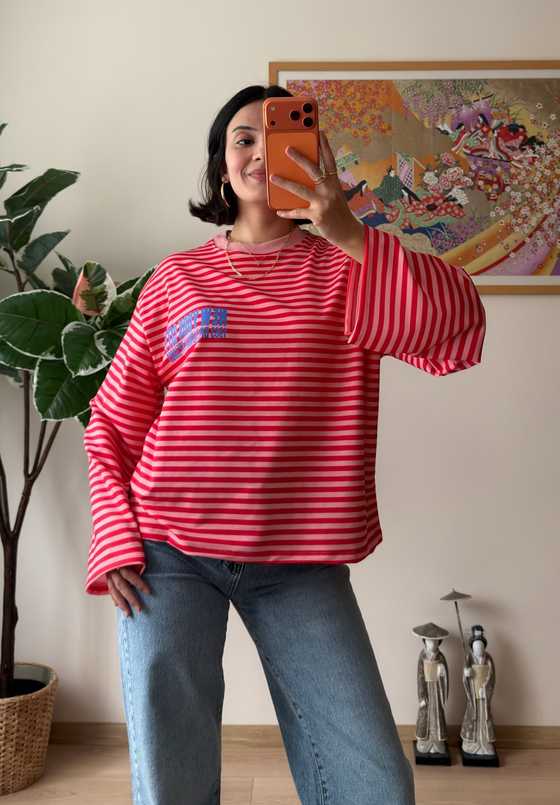 Çizgili NY Baskılı Oversize Sweatshirt