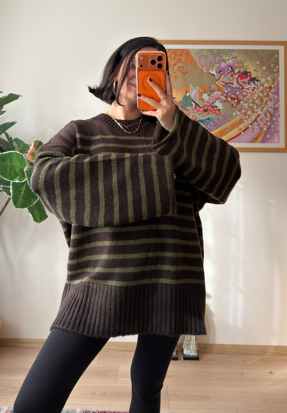 Çizgili Oversize Pinterest Kazak Kahve-Yeşil