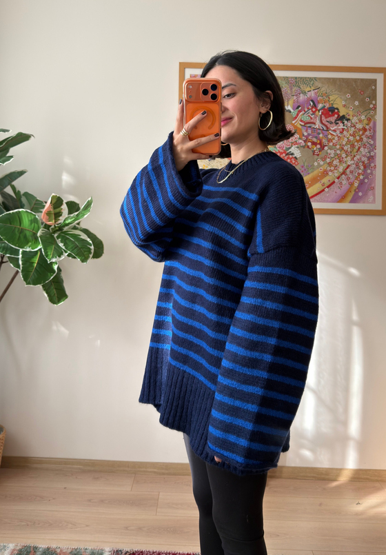 Çizgili Oversize Pinterest Kazak Lacivert-Mavi