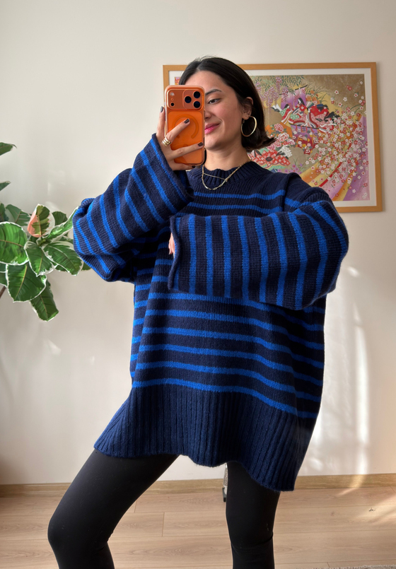 Çizgili Oversize Pinterest Kazak Lacivert-Mavi
