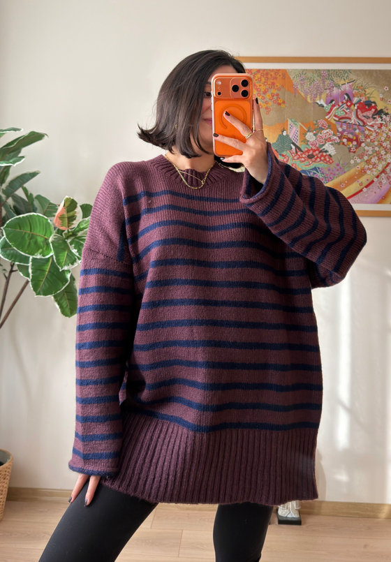 Çizgili Oversize Pinterest Kazak Mürdüm-Lacivert