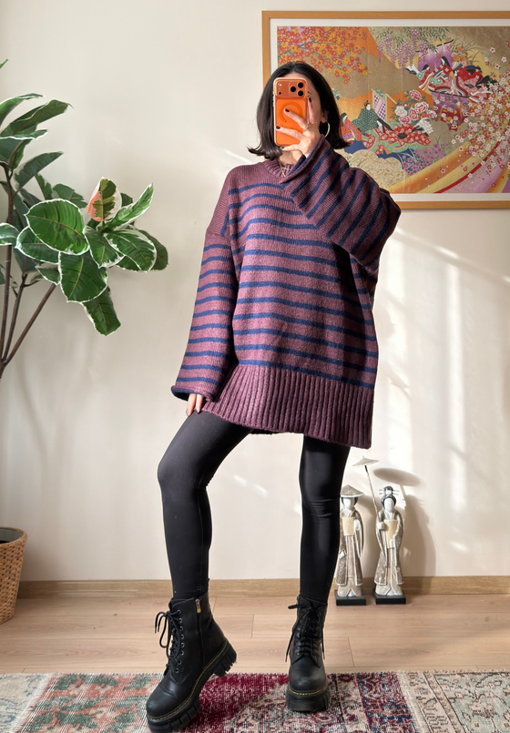 Çizgili Oversize Pinterest Kazak Mürdüm-Lacivert