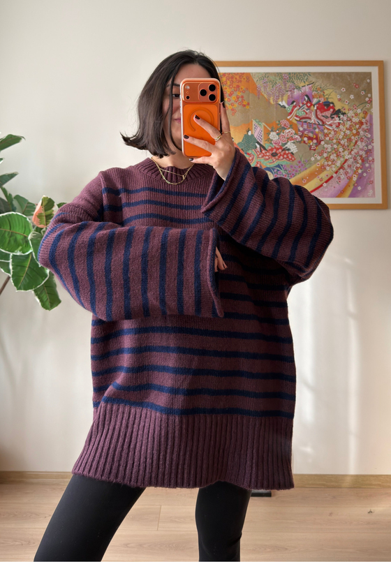 Çizgili Oversize Pinterest Kazak Mürdüm-Lacivert