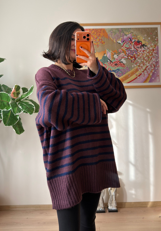 Çizgili Oversize Pinterest Kazak Mürdüm-Lacivert
