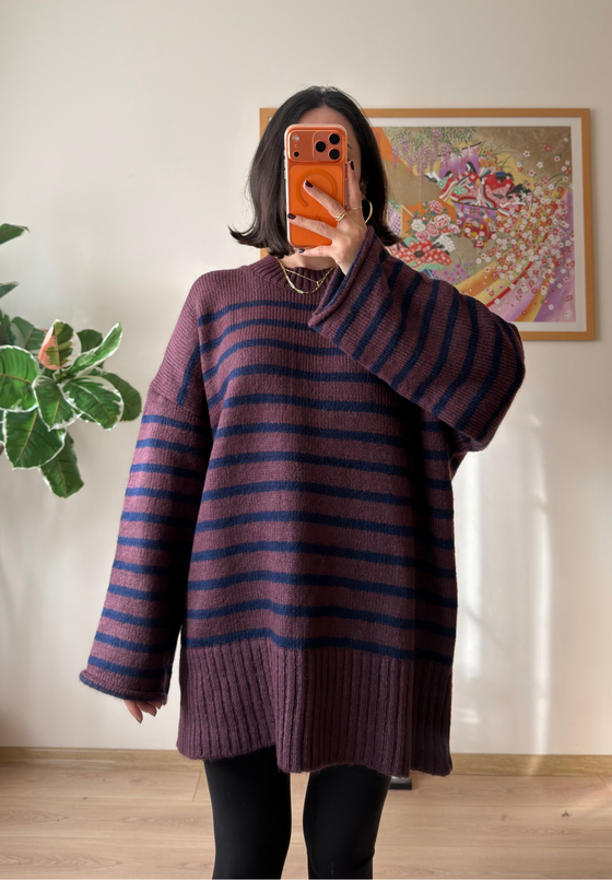Çizgili Oversize Pinterest Kazak Mürdüm-Lacivert