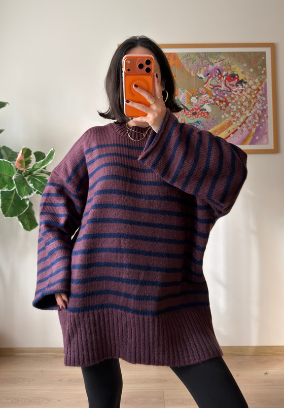 Çizgili Oversize Pinterest Kazak Mürdüm-Lacivert