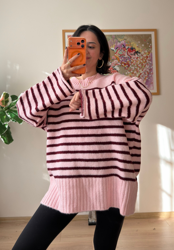 Çizgili Oversize Pinterest Kazak Pudra-Bordo